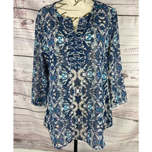 Coldwater Creek Tunic Top Womens M Long Sleeves Split Neck Semi Sheer Ikat Blue - £13.02 GBP