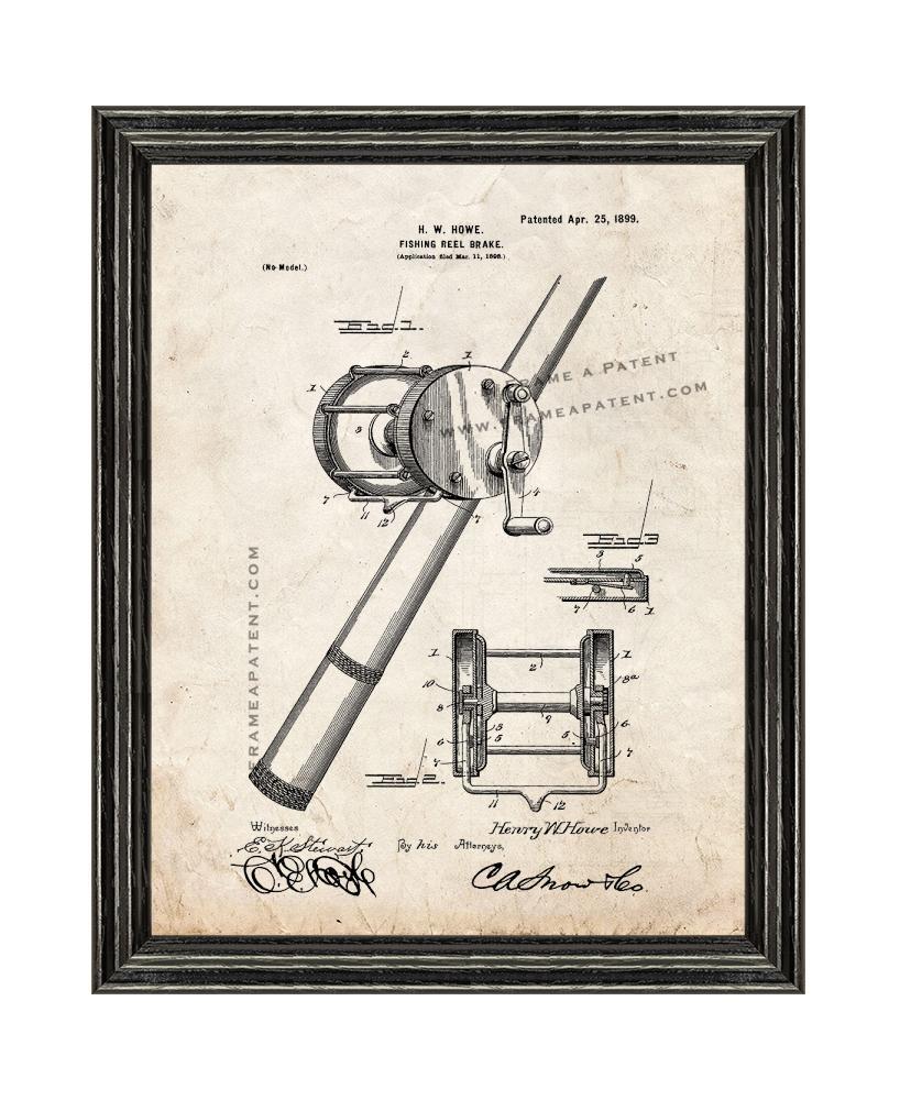 Fishing Reel Brake Patent Print Old Look with Black Wood Frame - £19.94 GBP - £87.87 GBP