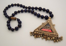Vintage Necklace Boho Blue Glass Bead Triangle Pyramid Mosaic Jingle Brass metal - £23.70 GBP
