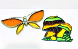 Stained Glass Butterfly and Mushrooms Window Suncatchers 2 Handmade Vintage - £11.50 GBP