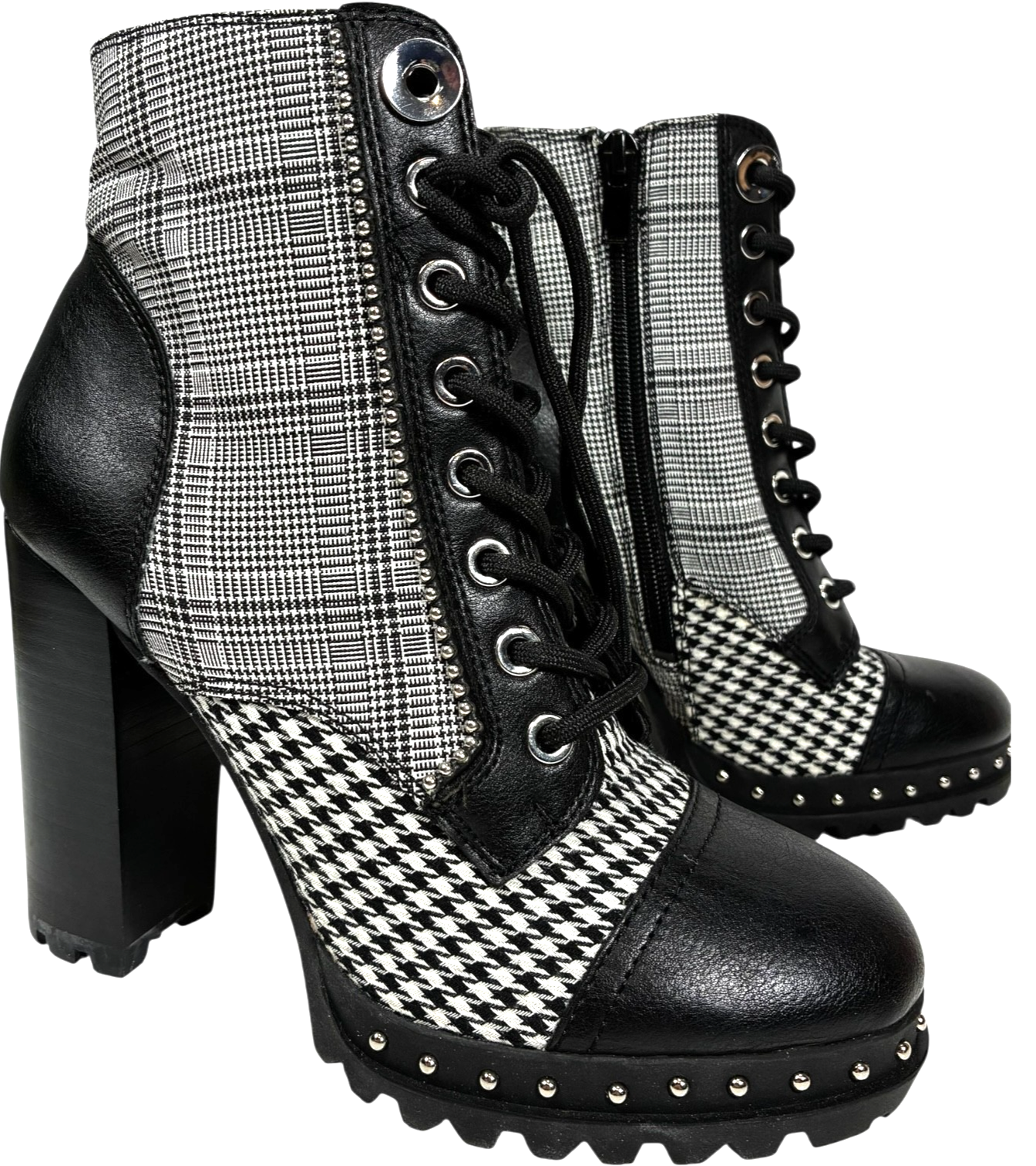 Aldo Marille Womens 6.5 Black & White Plaid/Checker Studded Heeled Ankle Boots Item image 2
