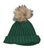 J. Crew Green Rib Knit Winter Cuff Hat Big Faux Fur pom pom - $244.56 MXN