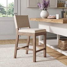 Linus Modern Upholstered Counter Height Bar Stool With Back, Natural Flax/Brown - £136.12 GBP