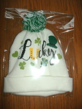 NEW Lucky Shamrock Leprechaun Knit Pom Beanie Winter Hat beige w/ green pompom - $7.50