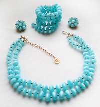 Vintage LISNER Jewelry Set Teal Moonglow Beads Necklace Bracelet Clip Ea... - $94.05