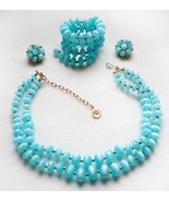 Vintage LISNER Jewelry Set Teal Moonglow Beads Necklace Bracelet Clip Ea... - £74.00 GBP