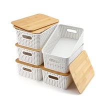 Storage Bins With Bamboo Lid Plastic Storage Baskets Lidded Pantry Organization  - £58.57 GBP