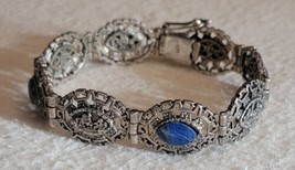 Peruvian Sterling Story Bracelet Lapis Lazuli silver 925 Vintage Handmade Etched - £126.32 GBP