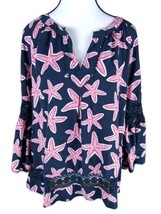 Crown &amp; Ivy Petite PXL Blouse Starfish Print Balloon Sleeves V Neck Rayon - £11.05 GBP