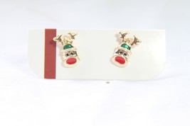 Earrings (New) Red Nose Raindeer - Gold W/ Green Hats Raindeer Heads - 5/8&quot; - £3.47 GBP
