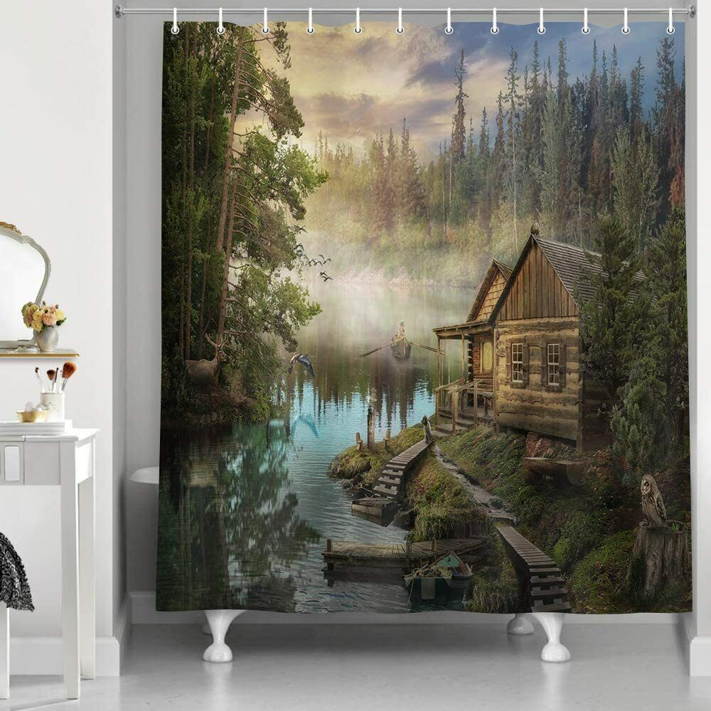Primary image for Wilderness Lake House Cabin Lodge Fabric Shower Curtain, Modern Rustic, 70"x70" 
