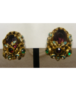 Vintage Victorian Style Clip Earrings Purple Emerald Rhinestone Blue Ena... - $39.59