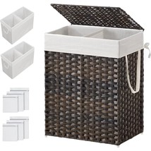 Brown PP Rattan 24-Gal Laundry Hamper Basket w/ 2-Compartment Washable Liner Bag - £105.39 GBP