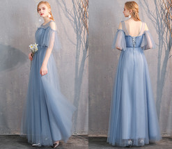 Dusty Blue Bridesmaid Dress Off Shoulder Sweetheart Tulle Empire Dress image 13