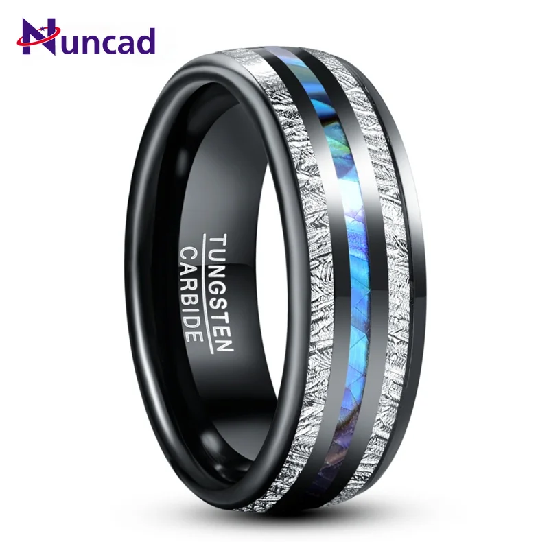 8mm Electric Black Inlaid Meteorite Abalone  Dome Tungsten Carbide Ring ... - £32.43 GBP