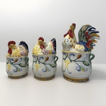 Fitz and Floyd Ricamo Rooster and Hens Canister Set Of 3 Rare- Some Chips - $233.74