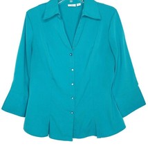 Cato Womens Blouse Size M Button Front 3/4 Sleeve V-Neck Solid Bluish Green - £10.23 GBP
