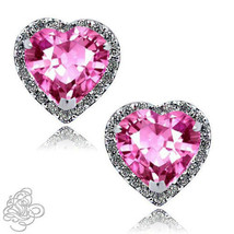 Women's Halo Heart Pink Sapphire Stud Earrings 14k Plated Over 925 Silver  - £32.04 GBP