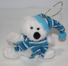 Hugfun Teddy Bear 5&quot; White Plush Santa Hat Blue Scarf Soft Toy Ornament ... - £9.09 GBP