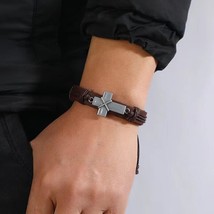 Silver Cross Pendant Brown Leather Bracelet Wristband Bangle Christian Jewelry - £6.95 GBP