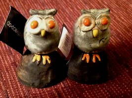 Creative Co-Op Gray Owl Figurine Set of 2 Clay Pottery Orange Eyes 3.5&quot; New - £13.45 GBP