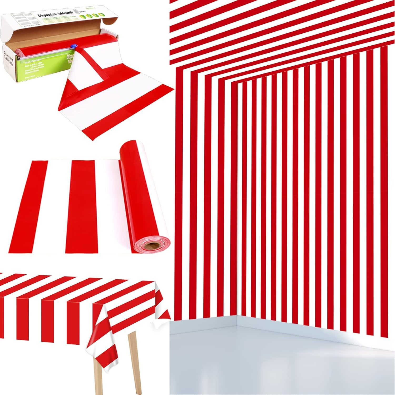 Red And White Striped Tablecloth Roll 52 In X 100 Ft With Slide Cutter Circus Ca