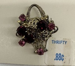 small 1&quot; x 1.25&quot; Vintage Flower Basket Brooch Pin Rhinestones gold tone - £15.92 GBP