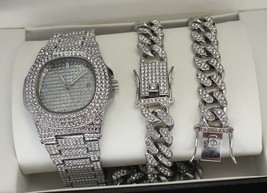 3pc Set Silver Plated Miami Cuban Link Cubic Zirconia Chain Bracelet Watch - $37.37