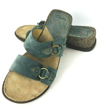 Clarks Blue Suede Leather 7 M  Slides Sandals 2 Strap Low Wedge Slip On  - £35.96 GBP