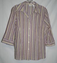 Kim Rogers Petite 10 P Blouse Top Purple Yellow Beige Striped Shirt 3/4 ... - $10.40