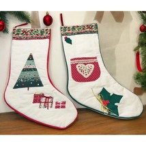 Applique Christmas Stockings Set of 2 Vintage Tree Heart Holly Outside Pocket - $46.49