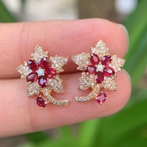 2.60Ct Oval Simulated  Ruby Flower  Stud Earrings 14k Yellow Gold Plated Women - £73.11 GBP