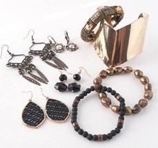 Brutalist Medieval Gold Black Bracelet Earring 8 Pc Lot Bronze Brass  #JC-1 - £11.37 GBP