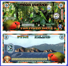 Piwi Islands $2, exotic birds in jungle, gold foil segmented security strip UNC - £6.72 GBP