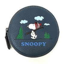 Coach X Peanuts Round Coin Case With Snoopy Ski Motif Denim Blue Leather... - $148.50