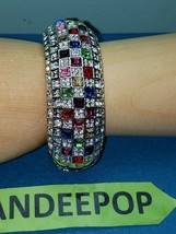 Silver Tone With Jewel Tone Crystals Open Grate Magnetic Chunky Bangle Bracelet  - £21.64 GBP