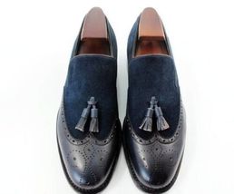Handmade Genuine Leather Two Tone Brogues Toe Tassel Loafer Slip Ons Men&#39;s Shoes - £100.98 GBP