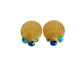 Kunio Matsumoto Trifari Gold Tone Seashell Blue Cabochons Clip On Earrings - £134.70 GBP