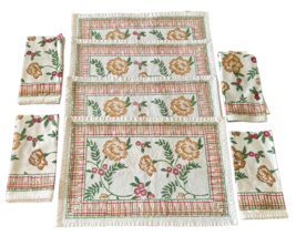 Pomegranate Placemats &amp; Napkins Set of 4 Green &amp; Pink Floral Cotton India - £33.41 GBP