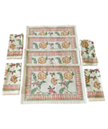 Pomegranate Placemats &amp; Napkins Set of 4 Green &amp; Pink Floral Cotton India - £33.70 GBP