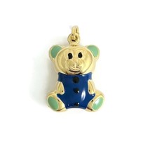 Italian Blue Green Enamel Teddy Bear Charm Pendant 14K Yellow Gold, 2.55 Grams - £275.32 GBP