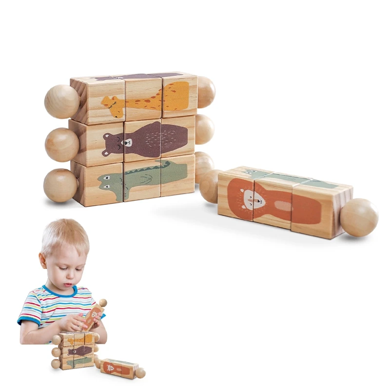 Baby Wooden Montessori Toys Cartoon Animal Crocodile Bear Rotate Blocks Rattle - £7.37 GBP+