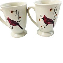 2 Williams Sonoma Footed Pedestal Cardinal Coffee Mug Cup Christmas White - £20.29 GBP