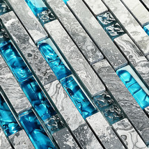 Glass Stone Backsplash Polished Gray Teal Blue Mosaic Linear Wall Tile S... - £69.11 GBP