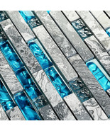 Glass Stone Backsplash Polished Gray Teal Blue Mosaic Linear Wall Tile S... - £68.74 GBP