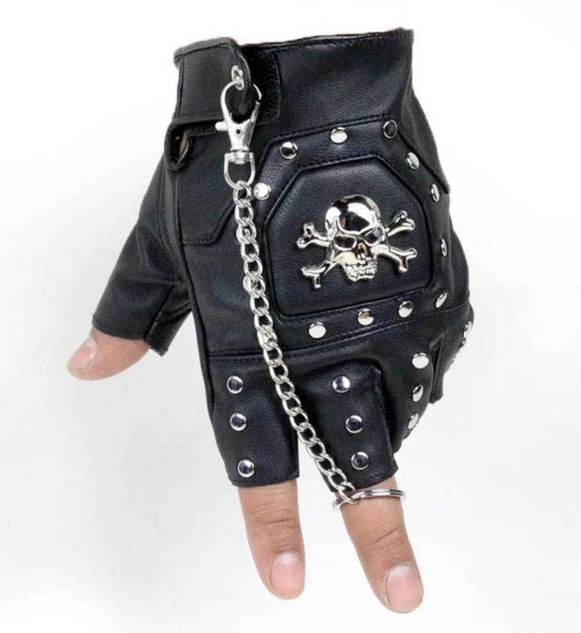 Punk Gothic Leather Pair Fingerless Biker Sports Mountain Gloves With Cranium - £14.78 GBP