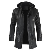 Mens PU Leather Jackets Long Windproof Hooded Overcoats Autumn Winter Men Trend  - £161.04 GBP