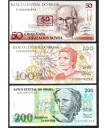 *Brazil 50 / 100 / 200 Cruzados Cruzeiros 1989-90 Uncirculated Banknotes - $125.47 MXN