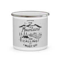 Personalized enamel camping mug 12oz black and white mountains adventure design thumb200