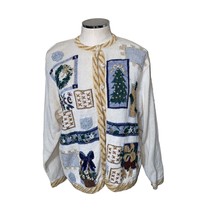 Cascade Blues Vintage Button Front Ugly Christmas Sweater w/fabric buttons SZ L - £19.17 GBP